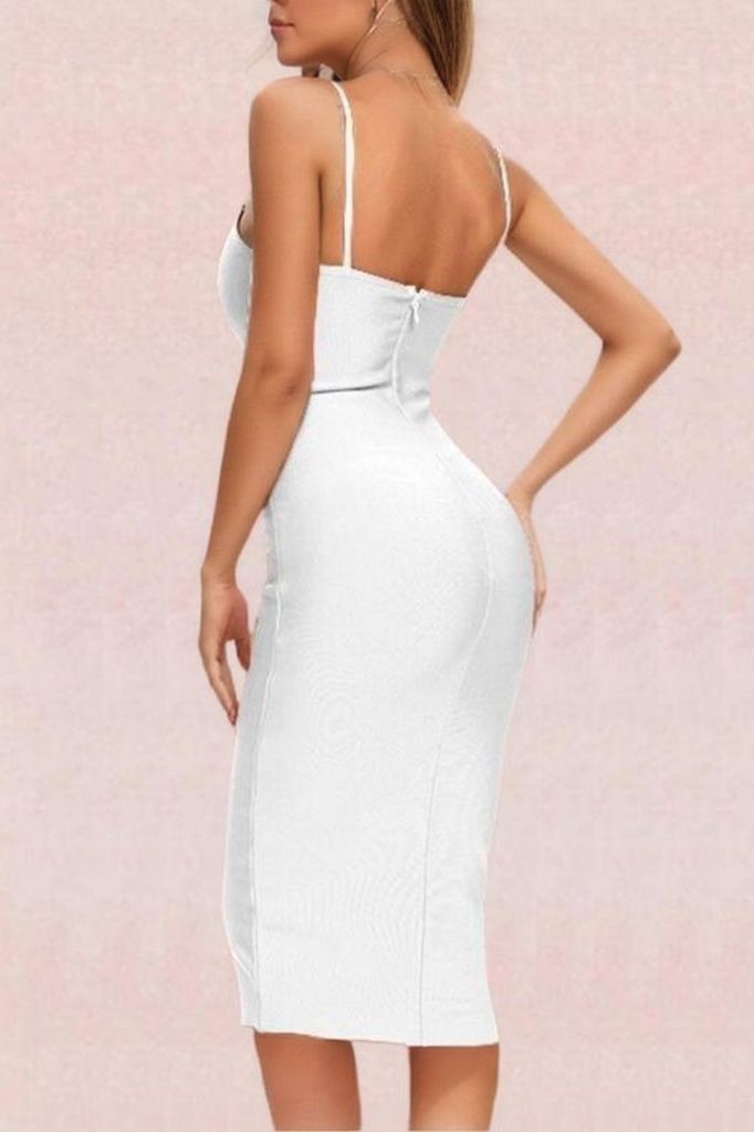 Woman wearing a figure flattering  Blanche Bandage Midi Dress - Pearl White BODYCON COLLECTION