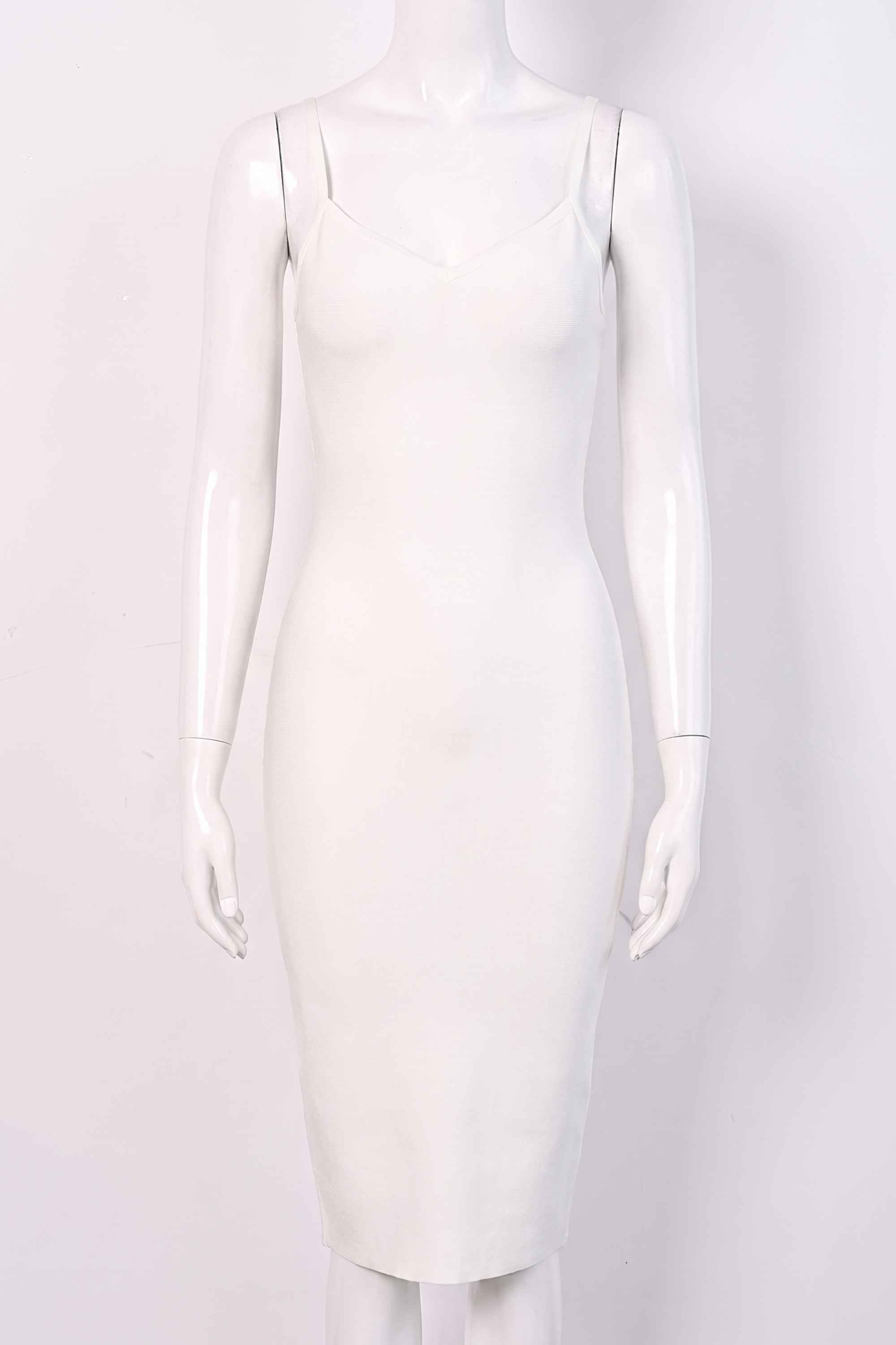 Woman wearing a figure flattering  Blanche Bandage Midi Dress - Pearl White BODYCON COLLECTION