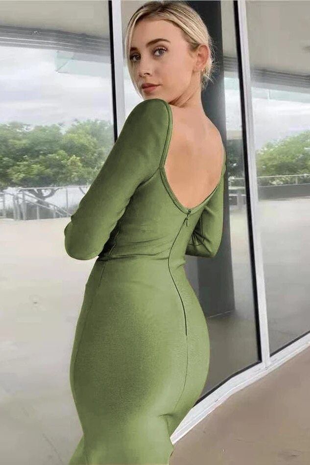 Woman wearing a figure flattering  Blanche Long Sleeve Bandage Midi Dress - Classic Black BODYCON COLLECTION