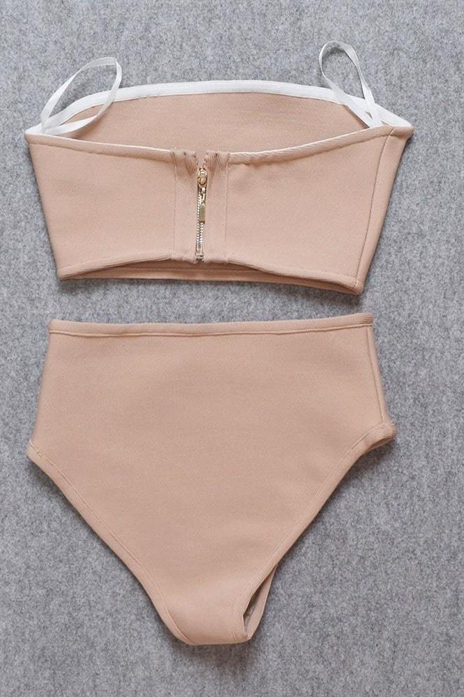 Woman wearing a figure flattering  Bondi High Waist Strapless Bikini Set - Nude BODYCON COLLECTION