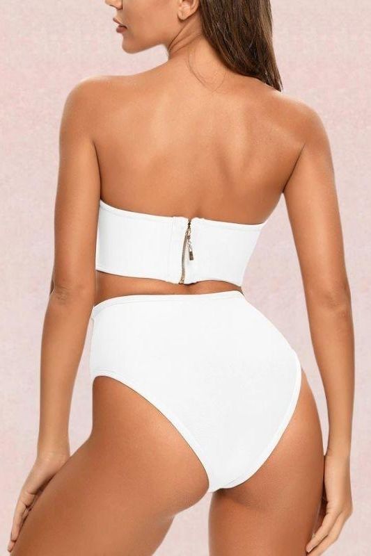 Woman wearing a figure flattering  Bondi High Waist Strapless Bikini Set - Pearl White BODYCON COLLECTION