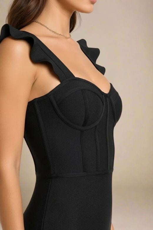 Woman wearing a figure flattering  Bonnie Bandage Dress - Classic Black BODYCON COLLECTION Pty Ltd