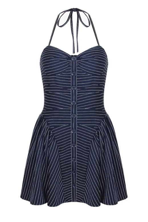 Woman wearing a figure flattering  Bonnie Bodycon Halterneck Mini Dress - Navy Blue BODYCON COLLECTION