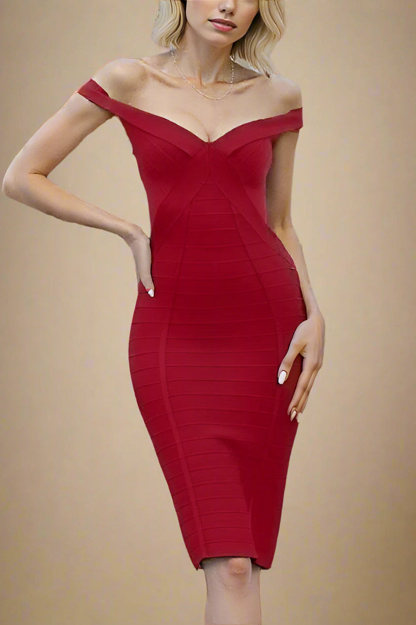 Woman wearing a figure flattering  Breanna Bandage Dress - Chilli Red BODYCON COLLECTION