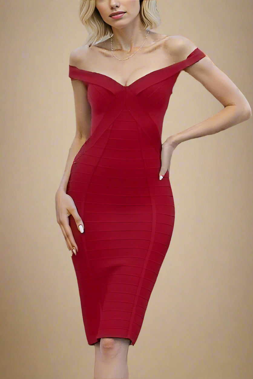 Woman wearing a figure flattering  Breanna Bandage Dress - Chilli Red BODYCON COLLECTION