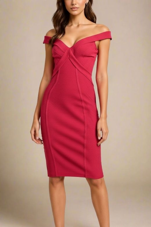 Woman wearing a figure flattering  Breanna Bandage Dress - Chilli Red BODYCON COLLECTION