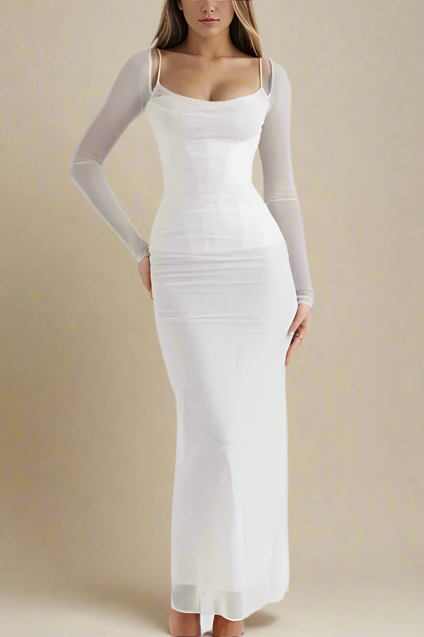 Woman wearing a figure flattering  Brianna Bodycon Long Sleeve Maxi Dress - Pearl White BODYCON COLLECTION