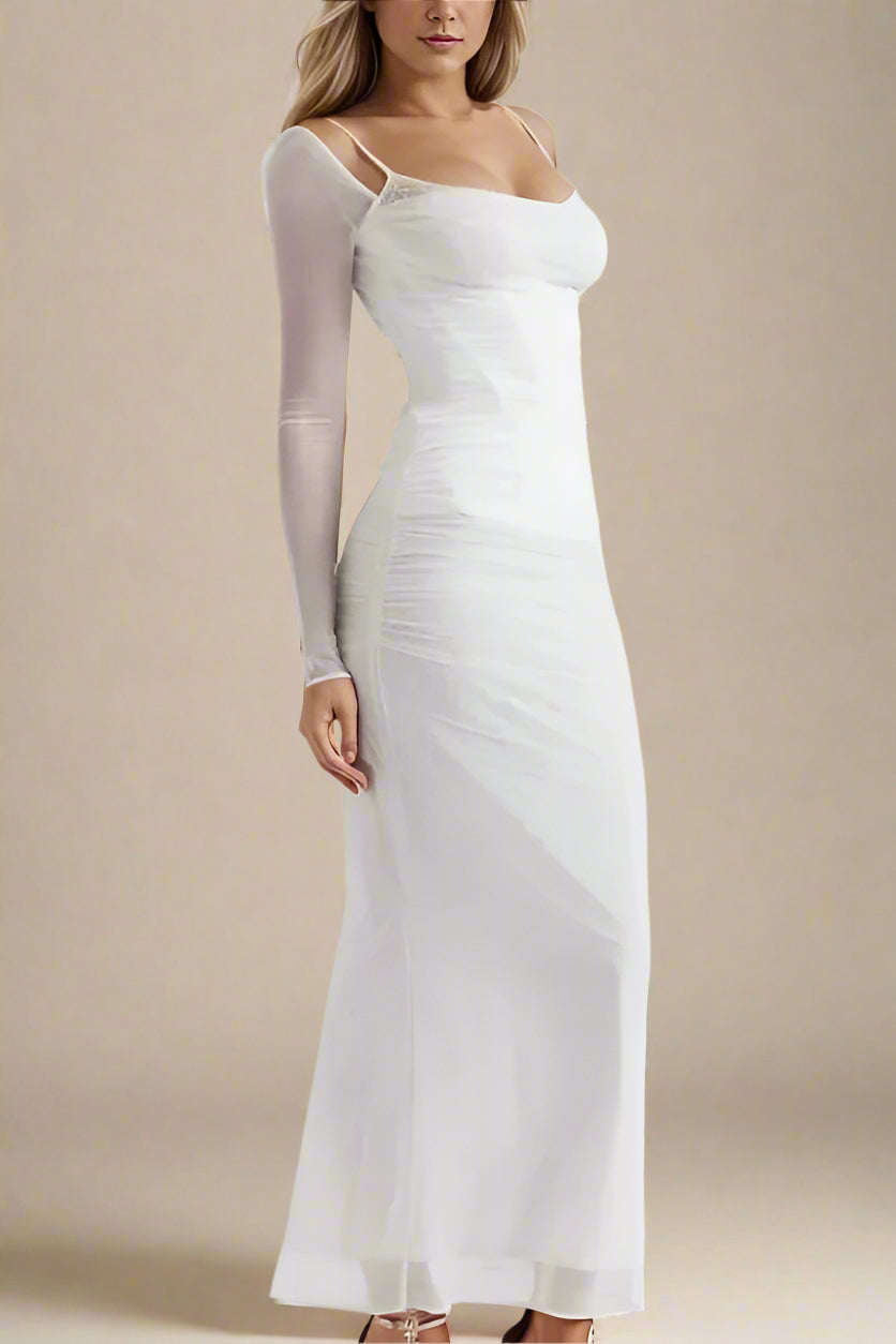 Woman wearing a figure flattering  Brianna Bodycon Long Sleeve Maxi Dress - Pearl White BODYCON COLLECTION