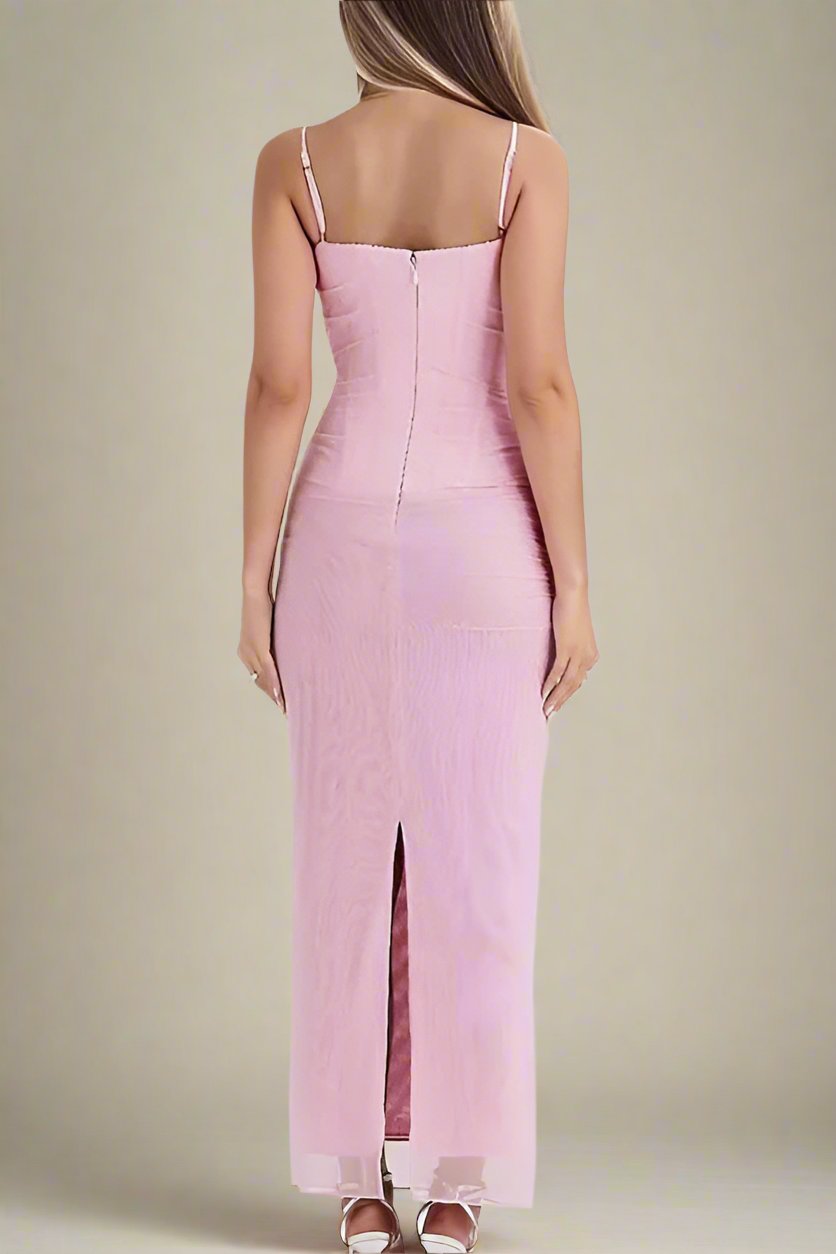 Woman wearing a figure flattering  Brianna Bodycon Wrap Maxi Dress - Dusty Pink BODYCON COLLECTION