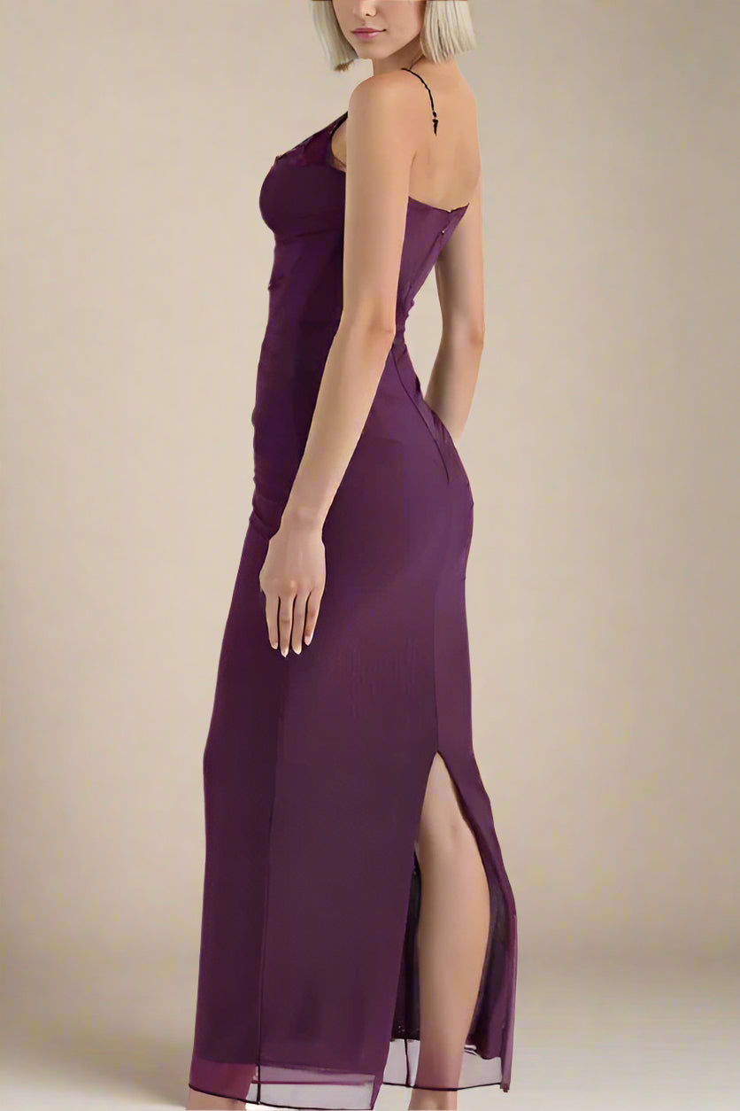 Woman wearing a figure flattering  Brianna Bodycon Wrap Maxi Dress - Plum Purple BODYCON COLLECTION