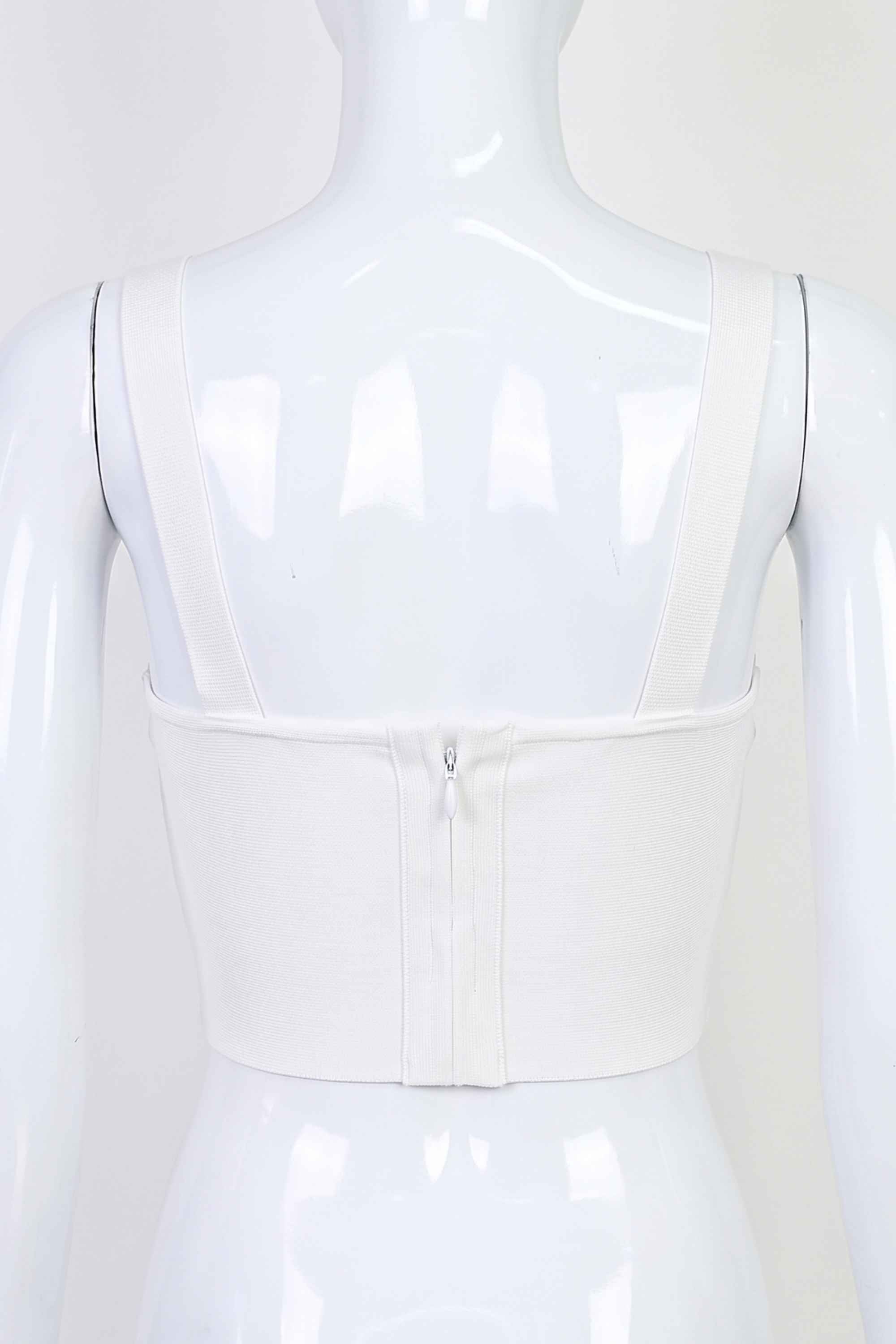 Woman wearing a figure flattering  Brooke Bandage Crop Top - Pearl White BODYCON COLLECTION