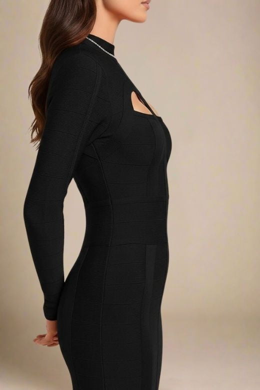Woman wearing a figure flattering  Brooke Long Sleeve Bandage Dress - Classic Black BODYCON COLLECTION