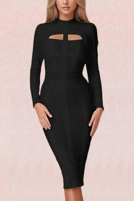 Woman wearing a figure flattering  Brooke Long Sleeve Bandage Dress - Classic Black BODYCON COLLECTION