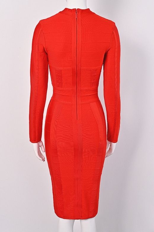 Woman wearing a figure flattering  Brooke Long Sleeve Bandage Dress - Lipstick Red BODYCON COLLECTION