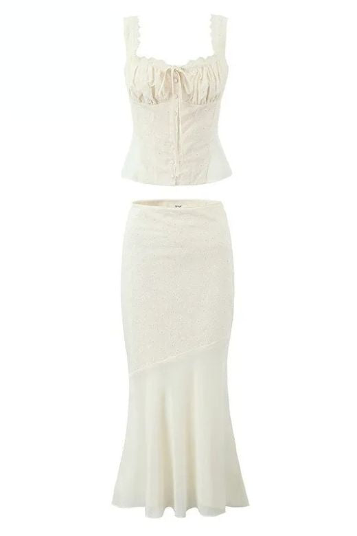 Woman wearing a figure flattering  Cali Wrap Top and Maxi Skirt Set - Ivory White BODYCON COLLECTION