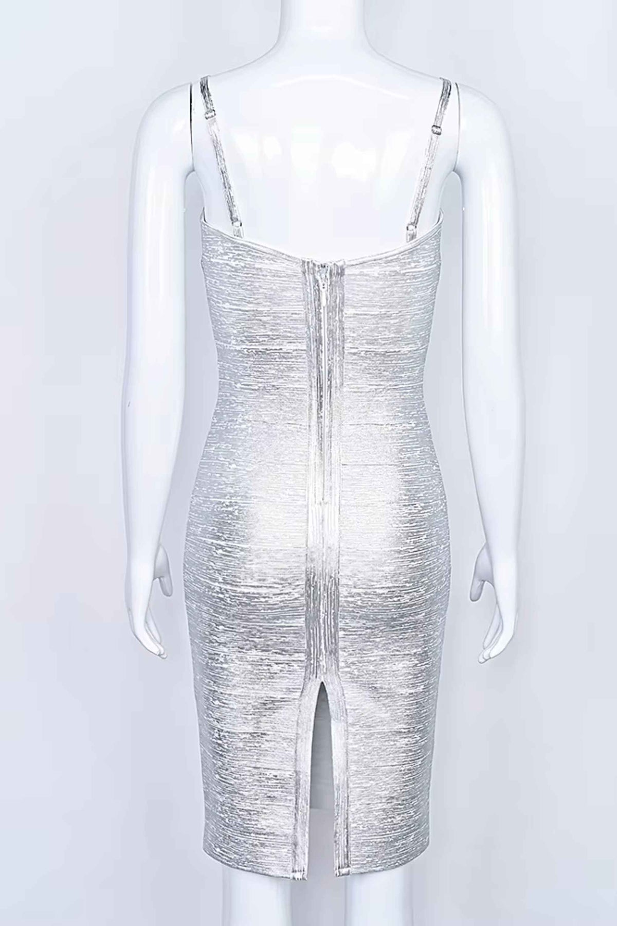 Woman wearing a figure flattering  Camila Bandage Dress - Silver BODYCON COLLECTION Pty Ltd
