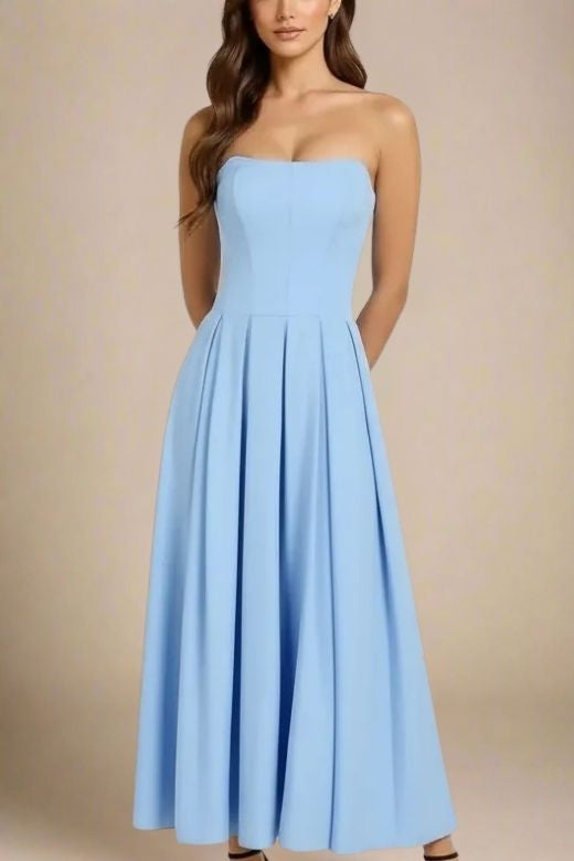 Woman wearing a figure flattering  Capri Bodycon Strapless Midi Dress - Sky Blue BODYCON COLLECTION