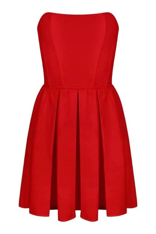 Woman wearing a figure flattering  Capri Bodycon Strapless Mini Dress - Lipstick Red BODYCON COLLECTION