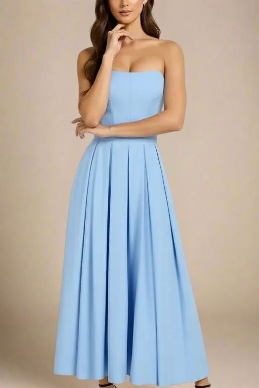 Woman wearing a figure flattering  Capri Strapless Midi Dress - Sky Blue BODYCON COLLECTION