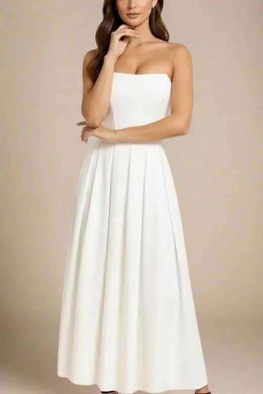 Woman wearing a figure flattering  Capri Strapless Midi Dress - White Pearl BODYCON COLLECTION