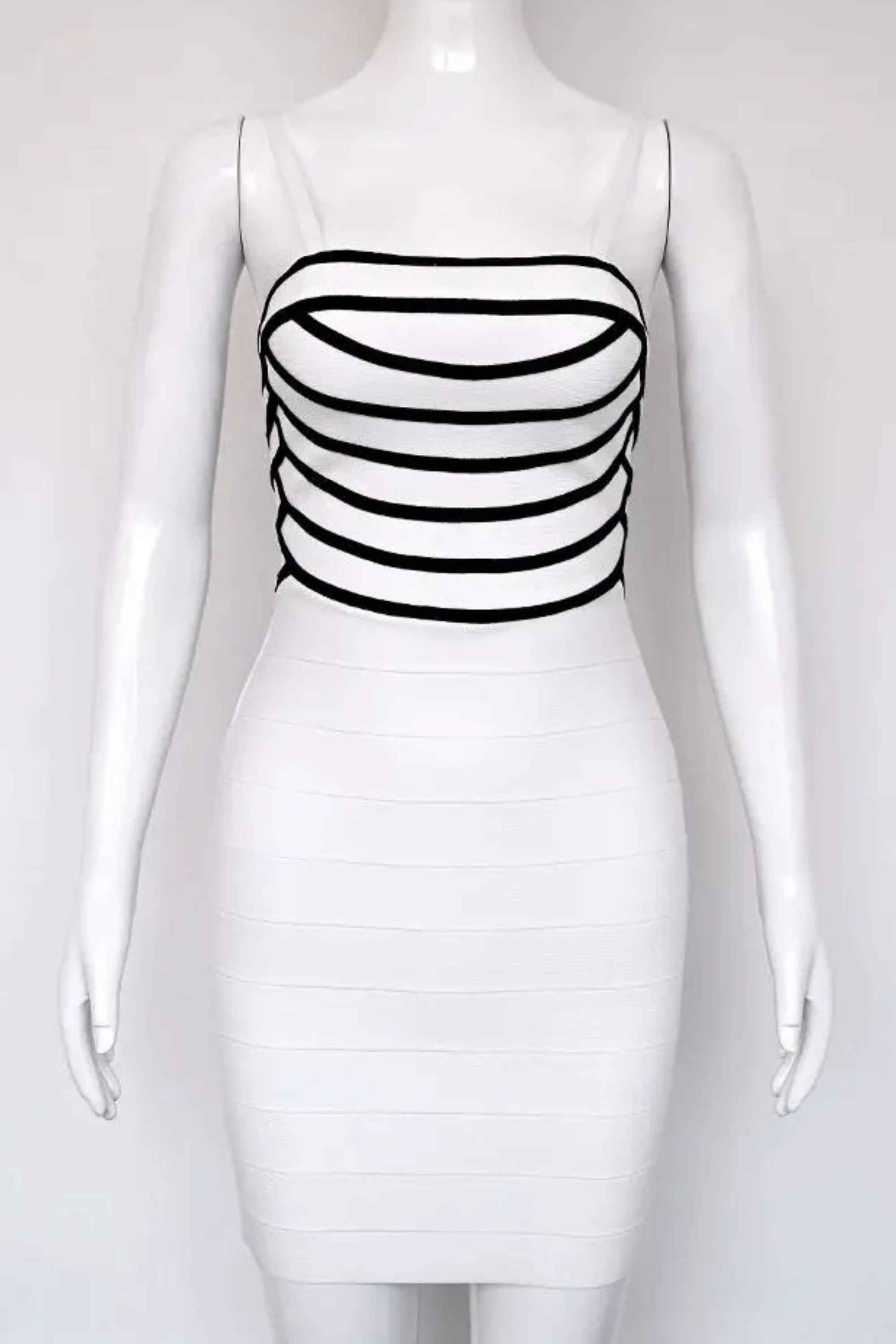 Woman wearing a figure flattering  Carter Bandage Mini Dress - Pearl White BODYCON COLLECTION