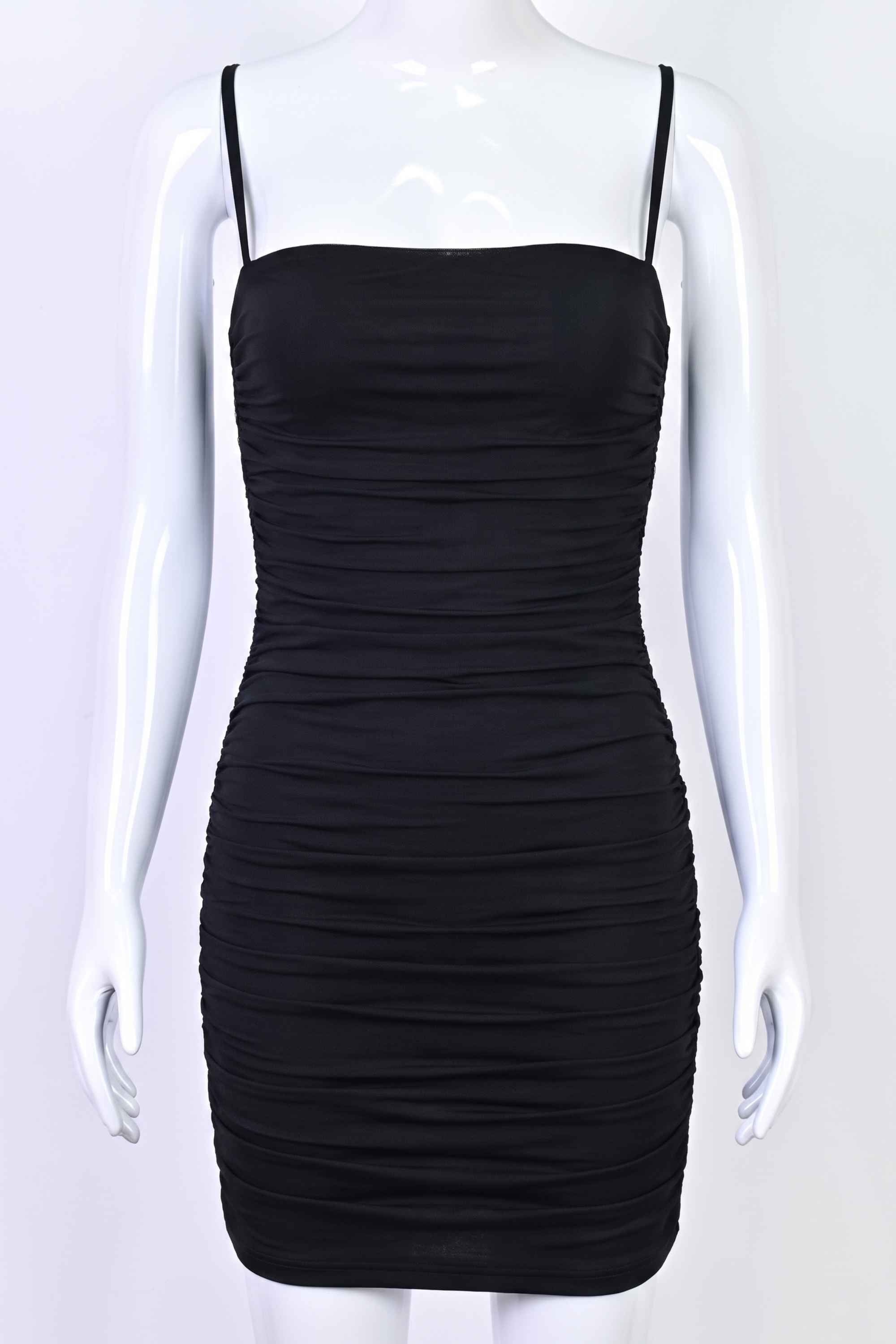Woman wearing a figure flattering  Cassie Bodycon Wrap Mini Dress - Classic Black BODYCON COLLECTION