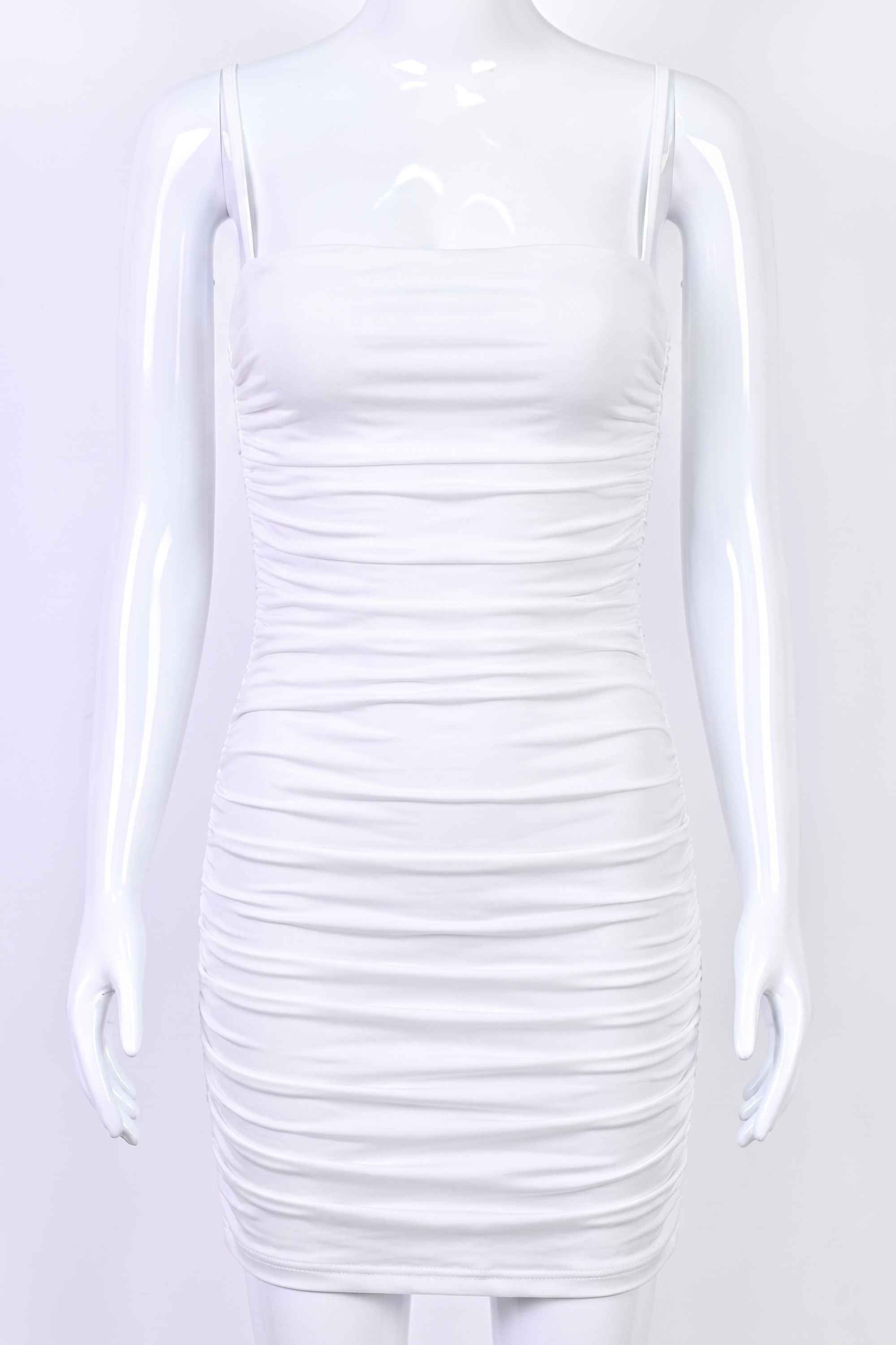 Woman wearing a figure flattering  Cassie Bodycon Wrap Mini Dress - Pearl White BODYCON COLLECTION