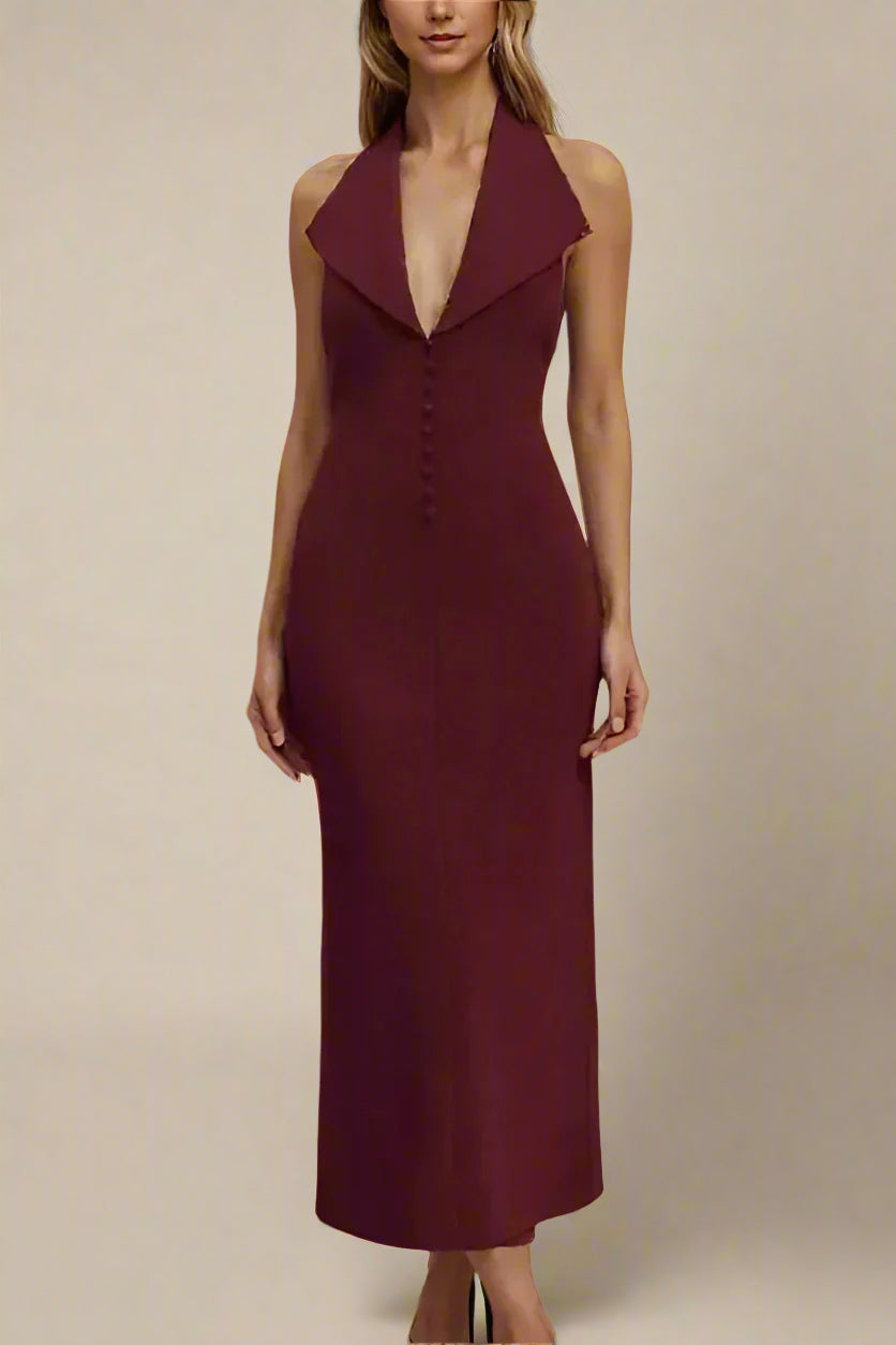 Woman wearing a figure flattering  Celine Bodycon V Neck Midi Dress - Red Wine BODYCON COLLECTION