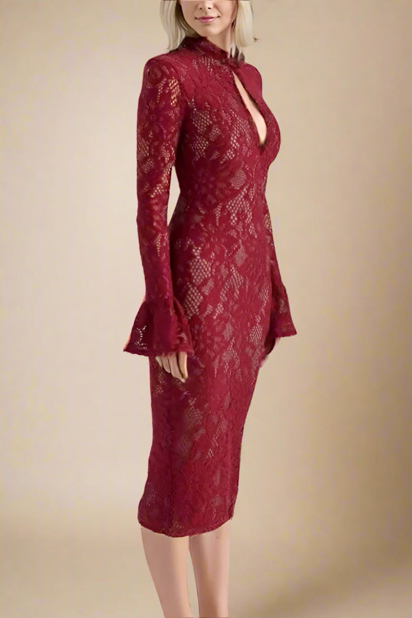Woman wearing a figure flattering  Charlotte Long Sleeve Bodycon Midi Dress - Chilli Red BODYCON COLLECTION