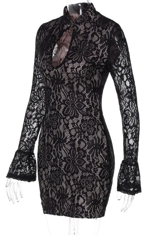 Woman wearing a figure flattering  Charlotte Long Sleeve Bodycon Mini Dress - Classic Black BODYCON COLLECTION