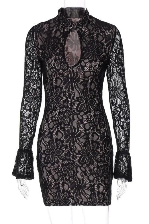 Woman wearing a figure flattering  Charlotte Long Sleeve Bodycon Mini Dress - Classic Black BODYCON COLLECTION