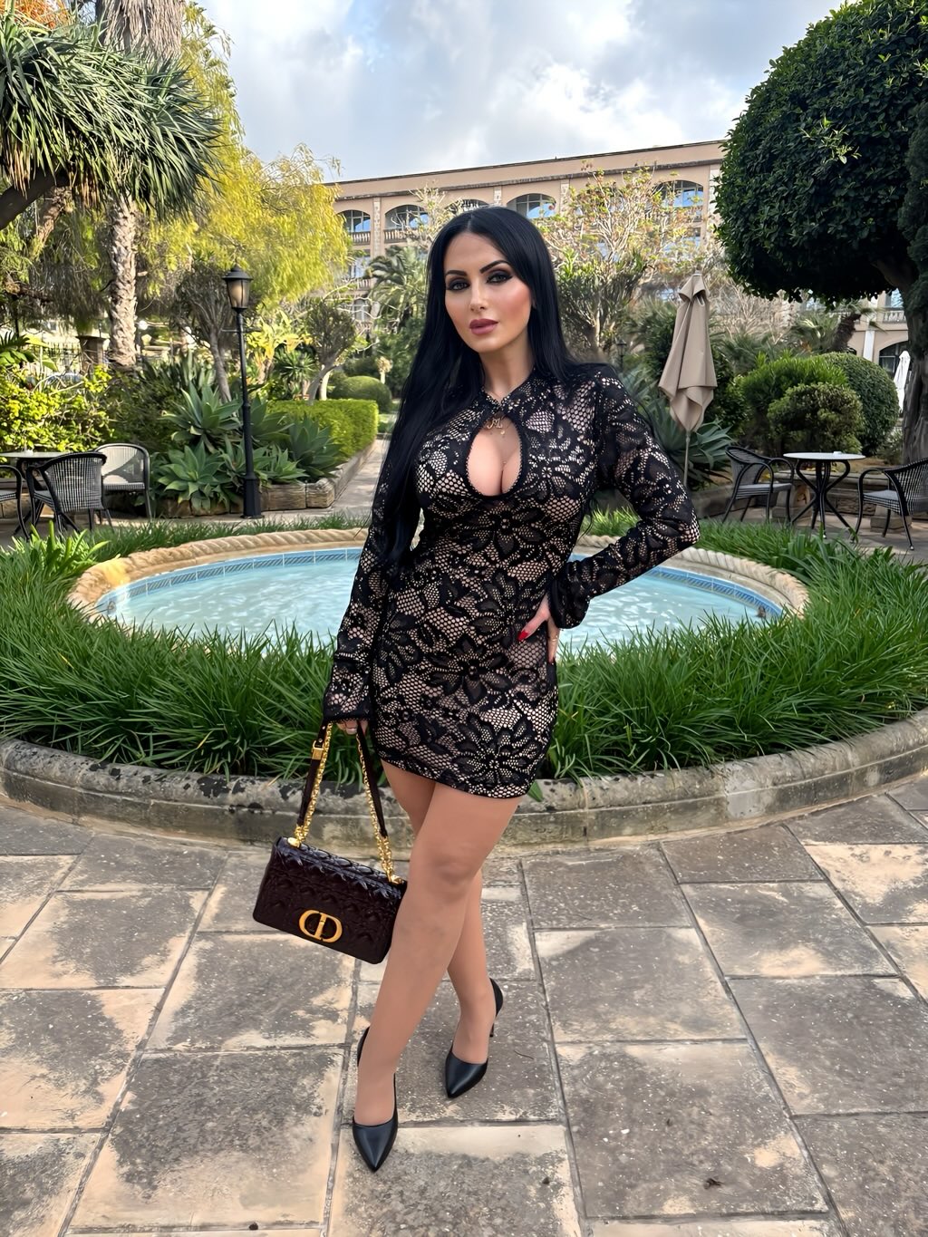 Woman wearing a figure flattering  Charlotte Long Sleeve Bodycon Mini Dress - White Pearl BODYCON COLLECTION