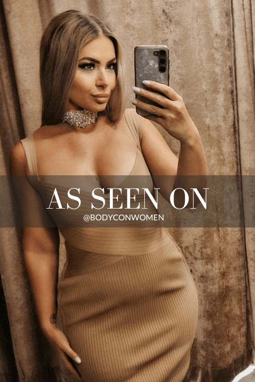 Woman wearing a figure flattering  Ciara Bandage Dress -  Tan Brown Bodycon Collection