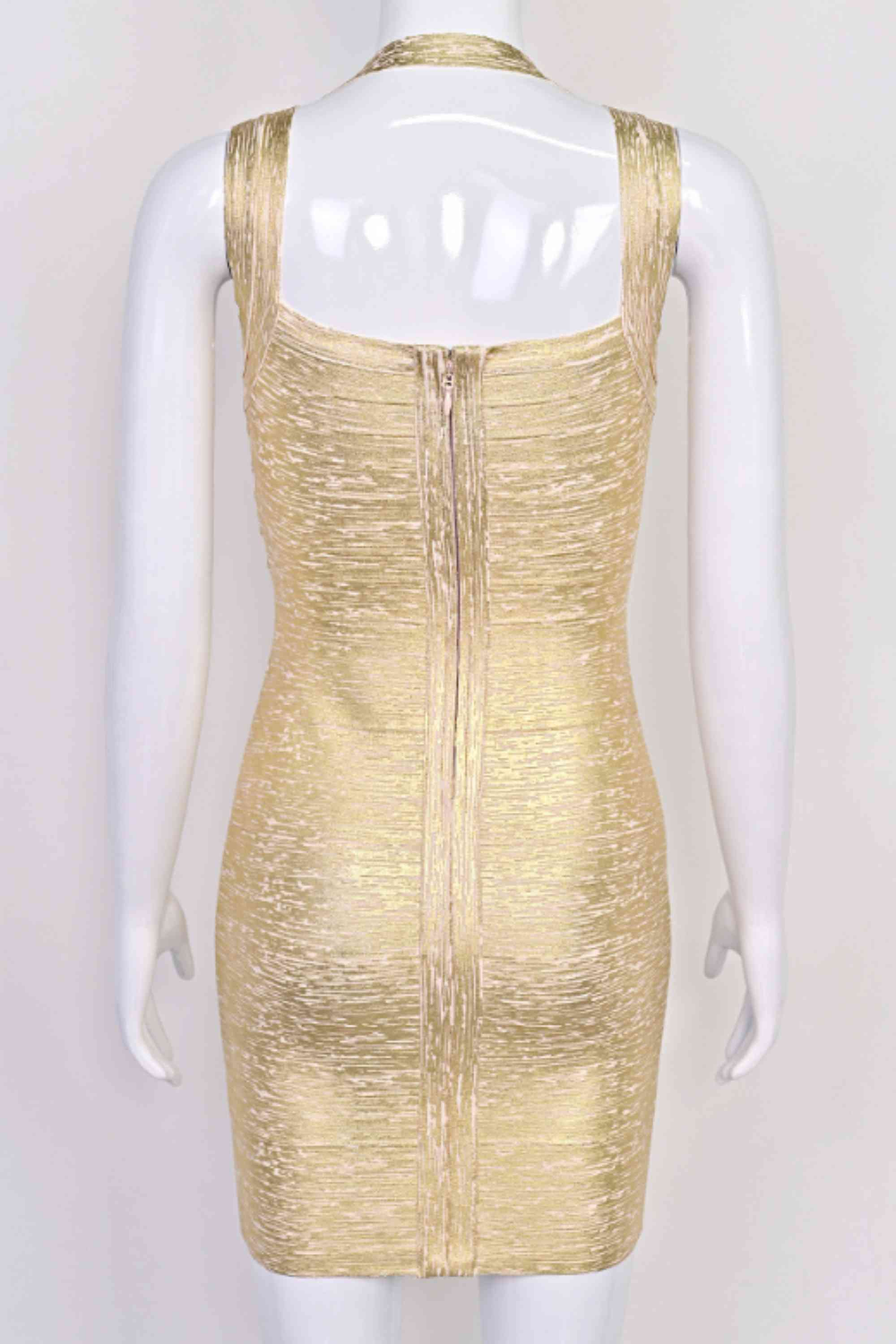 Woman wearing a figure flattering  Ciara Bandage Mini Dress - Gold BODYCON COLLECTION