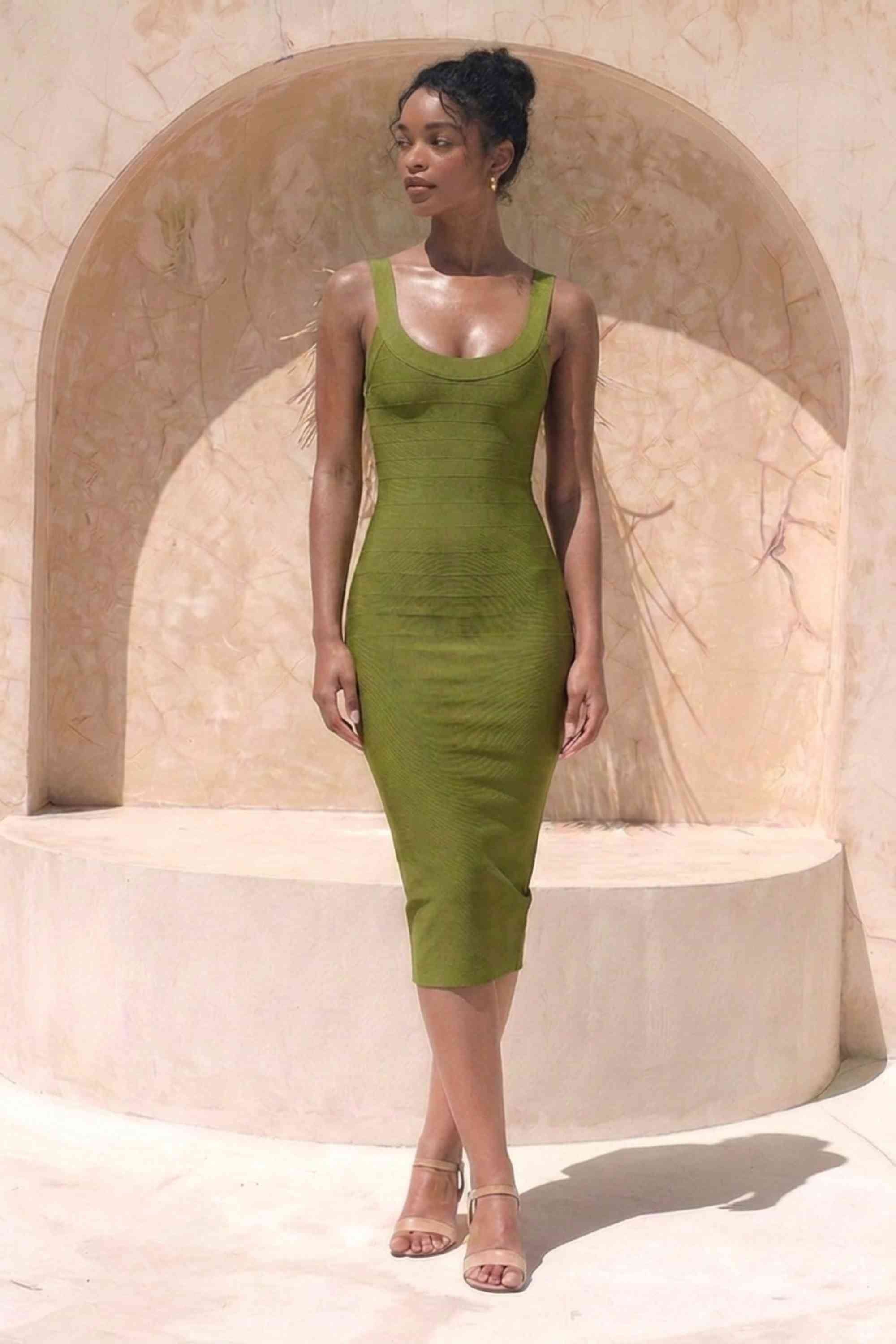 Woman wearing a figure flattering  Cindy Bandage Midi Dress - Army Green BODYCON COLLECTION Pty Ltd