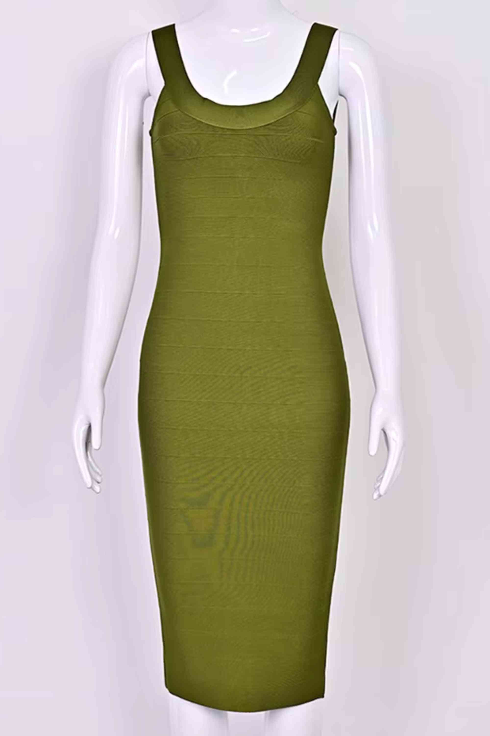 Woman wearing a figure flattering  Cindy Bandage Midi Dress - Army Green BODYCON COLLECTION Pty Ltd