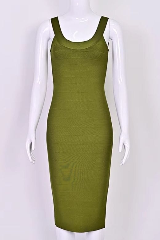 Woman wearing a figure flattering  Cindy Bandage Midi Dress - Army Green BODYCON COLLECTION Pty Ltd