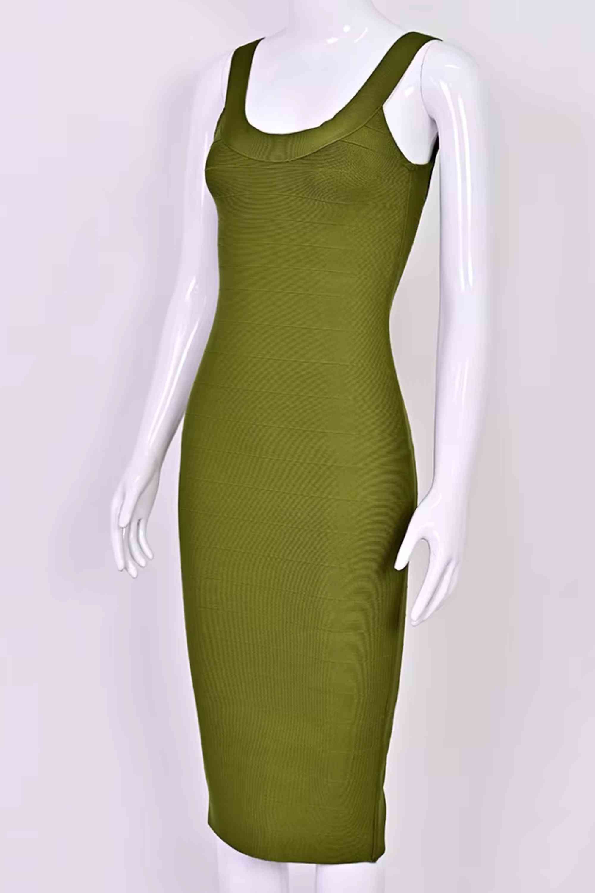 Woman wearing a figure flattering  Cindy Bandage Midi Dress - Army Green BODYCON COLLECTION Pty Ltd