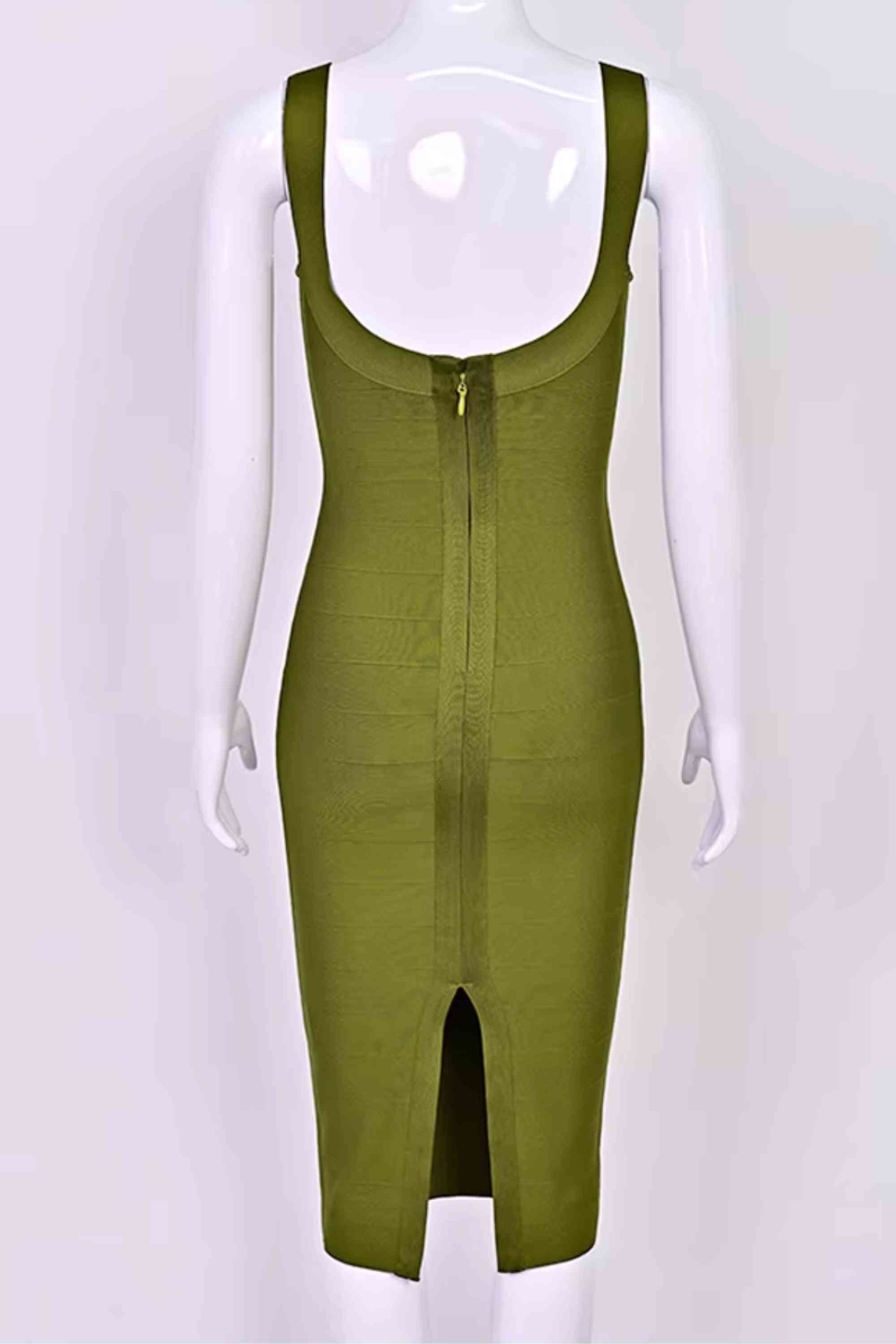 Woman wearing a figure flattering  Cindy Bandage Midi Dress - Army Green BODYCON COLLECTION Pty Ltd