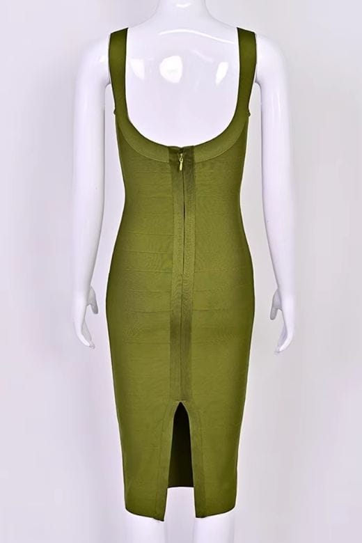 Woman wearing a figure flattering  Cindy Bandage Midi Dress - Army Green BODYCON COLLECTION Pty Ltd