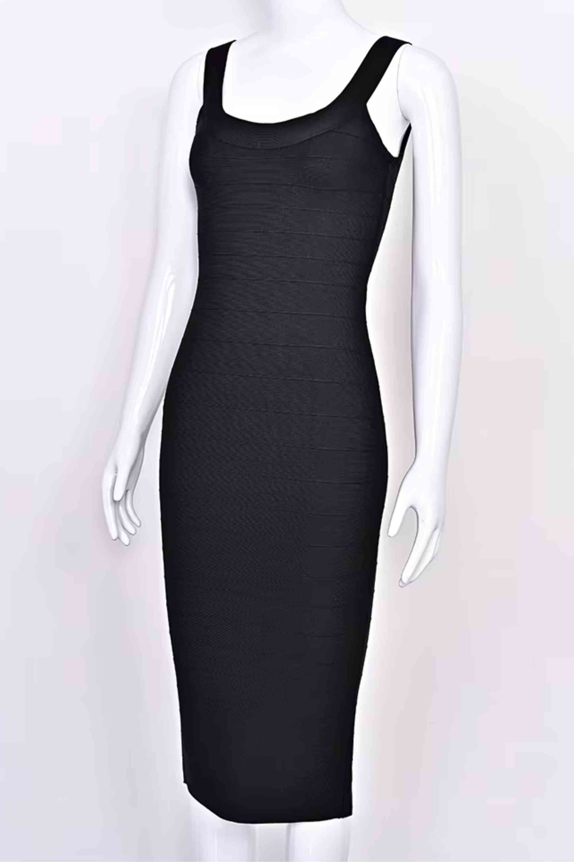 Woman wearing a figure flattering  Cindy Bandage Midi Dress - Classic Black BODYCON COLLECTION Pty Ltd