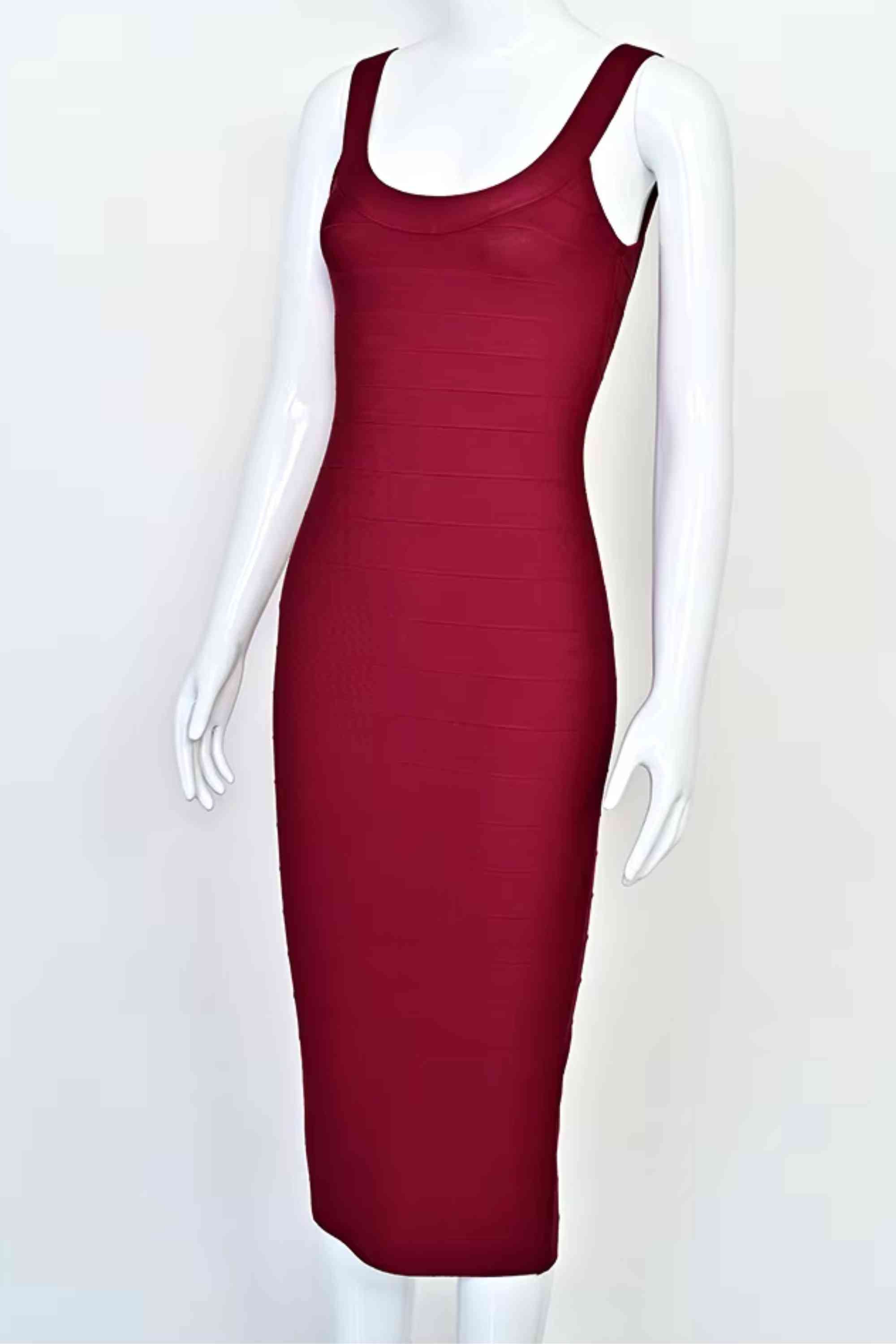 Woman wearing a figure flattering  Cindy Bandage Midi Dress - Red Wine BODYCON COLLECTION Pty Ltd