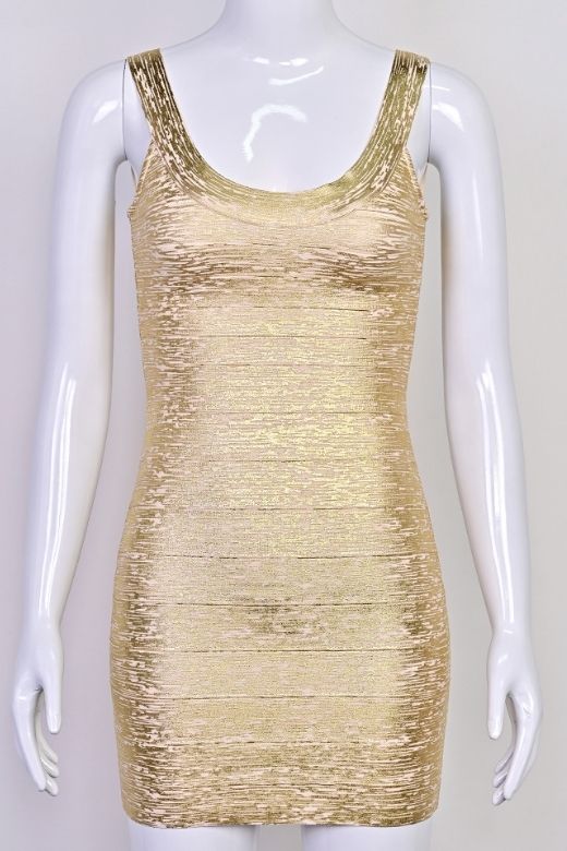 Woman wearing a figure flattering  Cindy Bandage Mini Dress - Gold BODYCON COLLECTION Pty Ltd