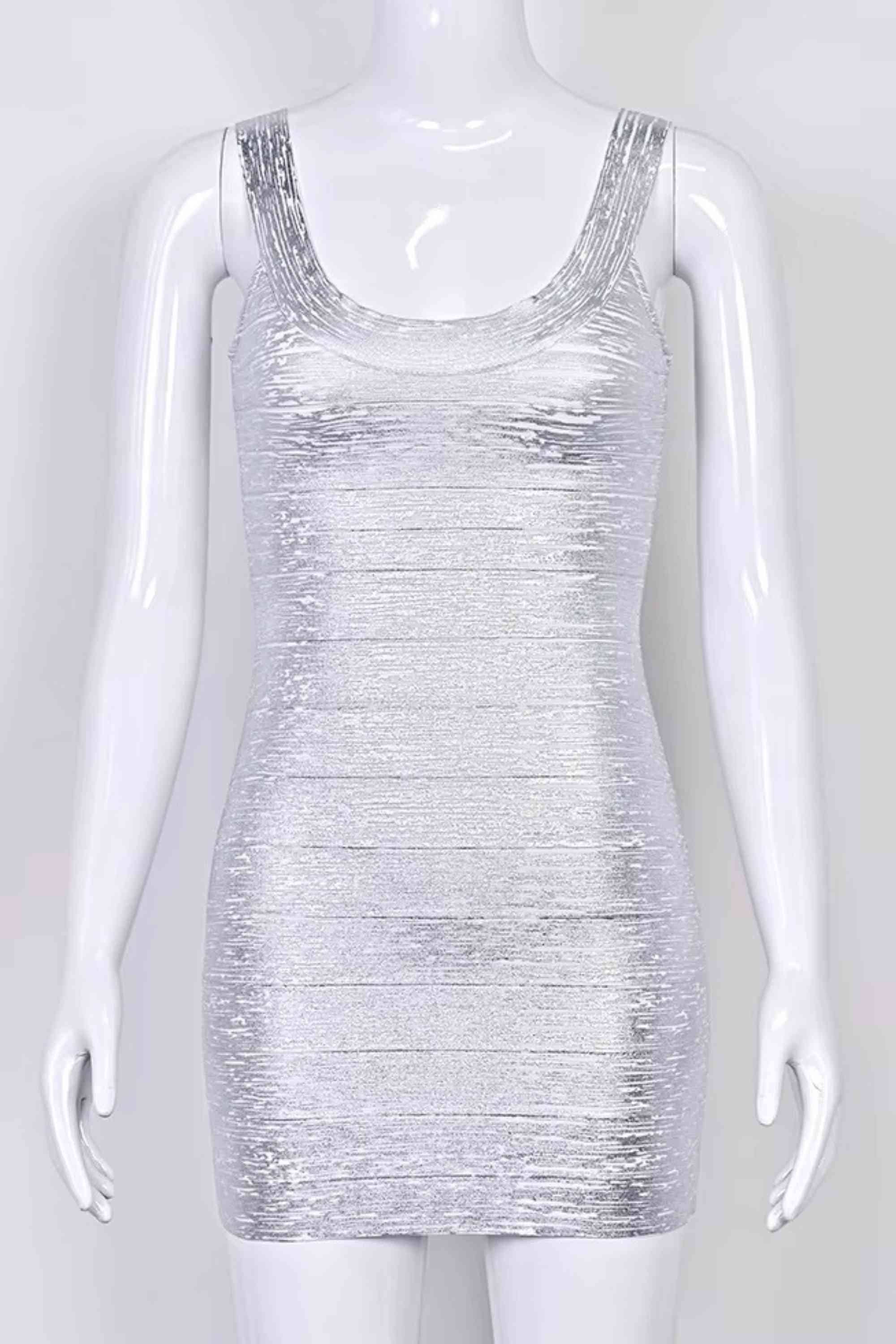 Woman wearing a figure flattering  Cindy Bandage Mini Dress - Silver BODYCON COLLECTION Pty Ltd
