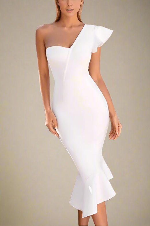 Woman wearing a figure flattering  Circe Bodycon Midi Dress - Pearl White BODYCON COLLECTION