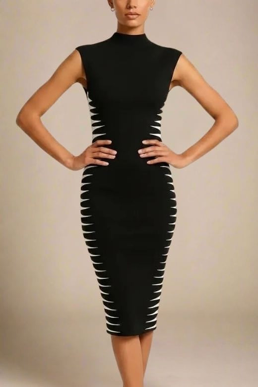 Woman wearing a figure flattering  Cleo Bandage Midi Dress - Classic Black BODYCON COLLECTION Pty Ltd