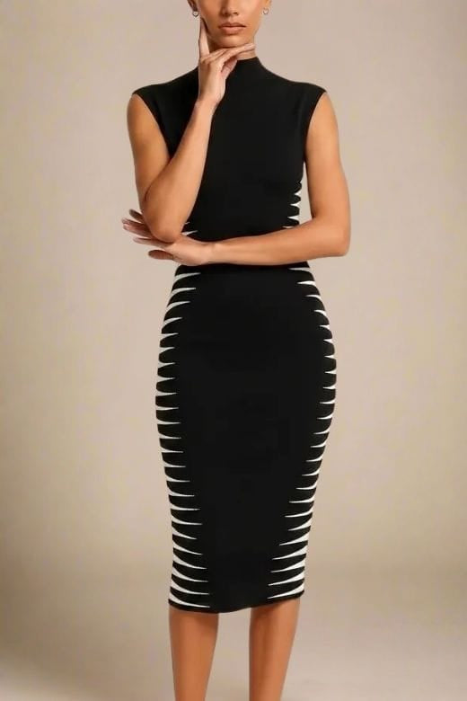 Woman wearing a figure flattering  Cleo Bandage Midi Dress - Classic Black BODYCON COLLECTION Pty Ltd