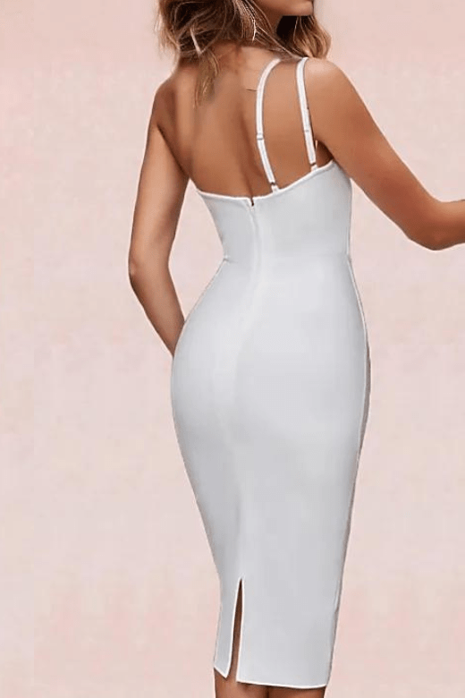 Woman wearing a figure flattering  Connie Bandage Midi Dress - Pearl White BODYCON COLLECTION