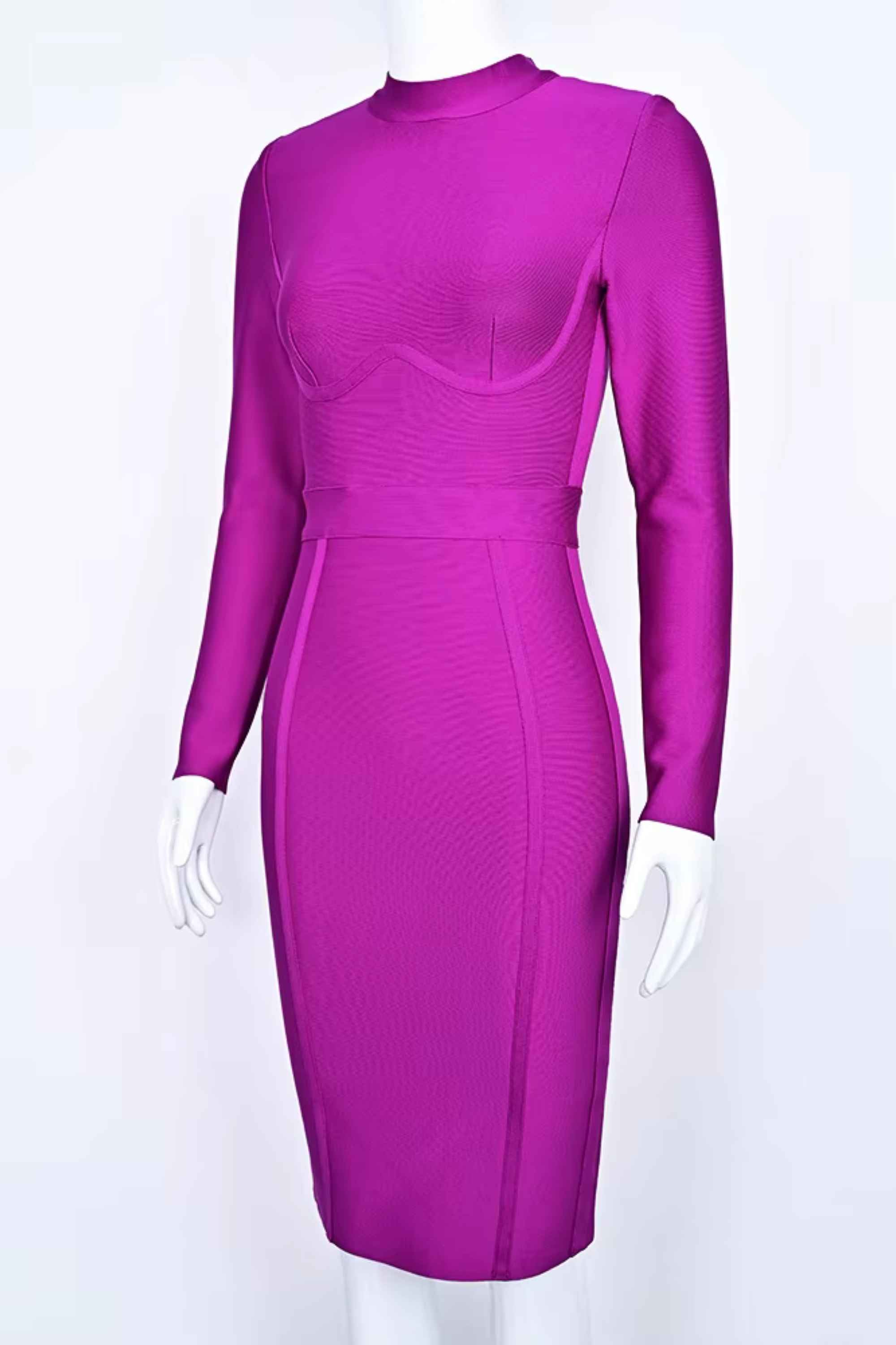 Woman wearing a figure flattering  Dee Long Sleeve Bandage Dress - Neon Purple BODYCON COLLECTION