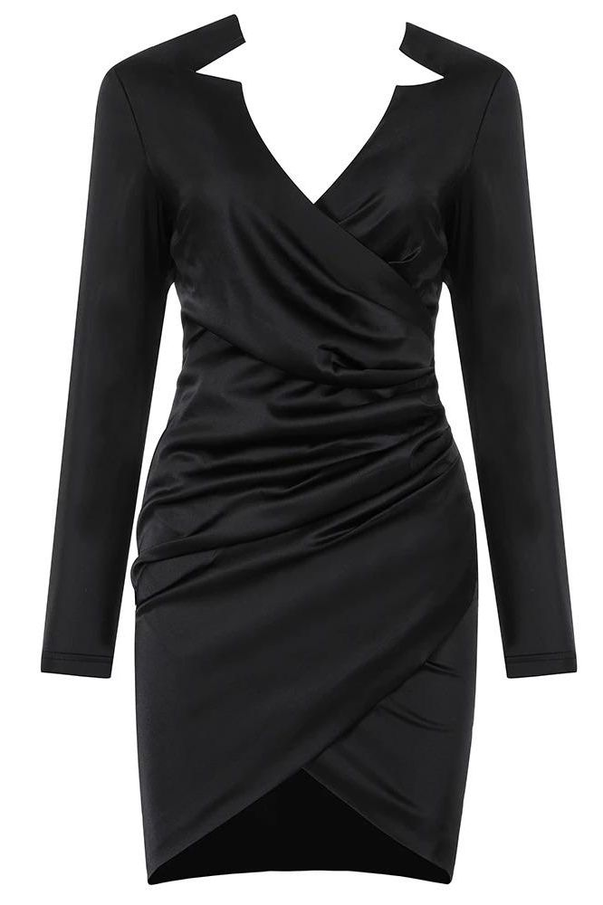 Woman wearing a figure flattering  Demi Long Sleeve Bodycon Mini Dress - Classic Black BODYCON COLLECTION